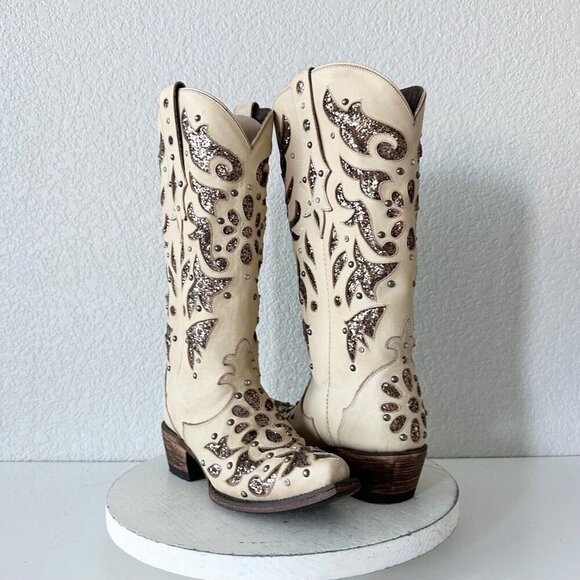 NEW Lane Womens Cowboy Boots 6 Tan Gold Western Cowgirl Mid Calf Pointed Toe - Picture 1 of 14